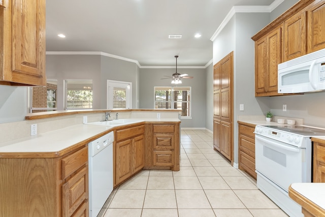 kitchen with ceiling fan, white appliances, sink, and ornamental molding