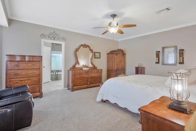 8525 Castle Creek Rd, North Richland Hills, TX 76182 - carpeted bedroom featuring crown molding, ensuite bath, and ceiling fan