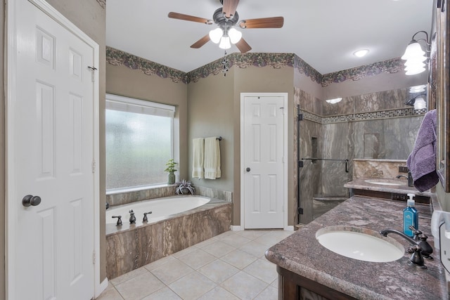 bathroom with separate shower and tub, ceiling fan, tile patterned flooring, and vanity