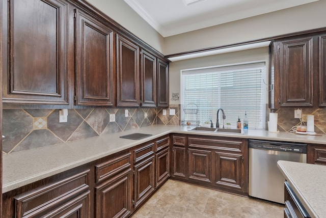 8525 Castle Creek Rd, North Richland Hills, TX 76182 - kitchen featuring a sink, dishwasher, dark brown cabinetry, light countertops, and decorative backsplash