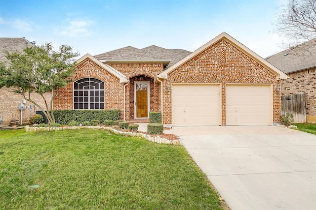 view of front of property with a front yard and a garage