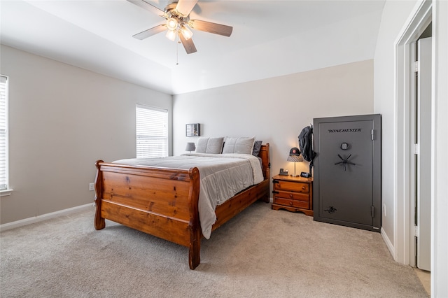 bedroom with light colored carpet and ceiling fan