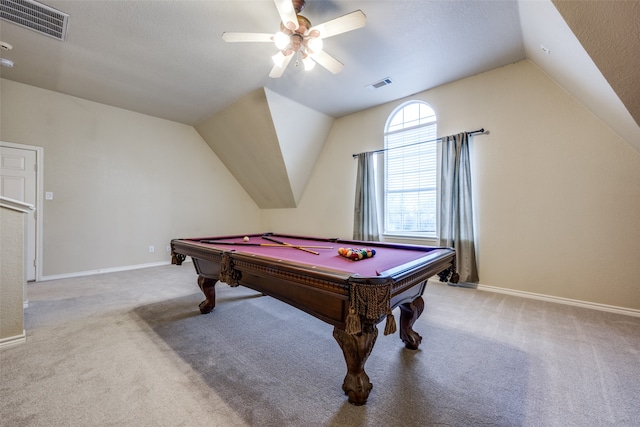 rec room with ceiling fan, light colored carpet, pool table, and vaulted ceiling