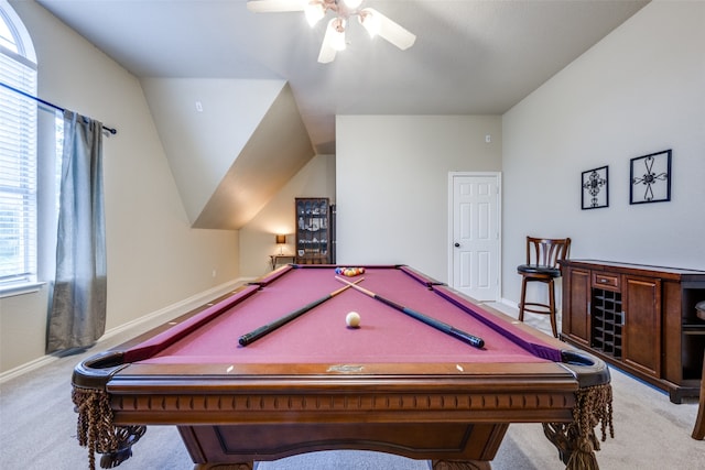 rec room featuring light carpet, ceiling fan, lofted ceiling, and billiards