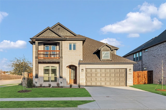 view of front of property with a front yard and a balcony