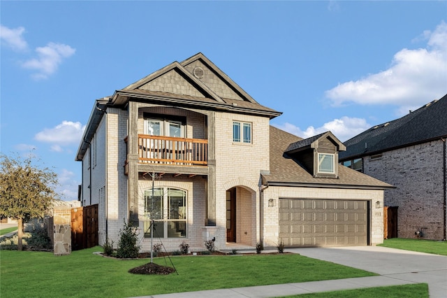 view of front of property with a balcony, a garage, and a front lawn