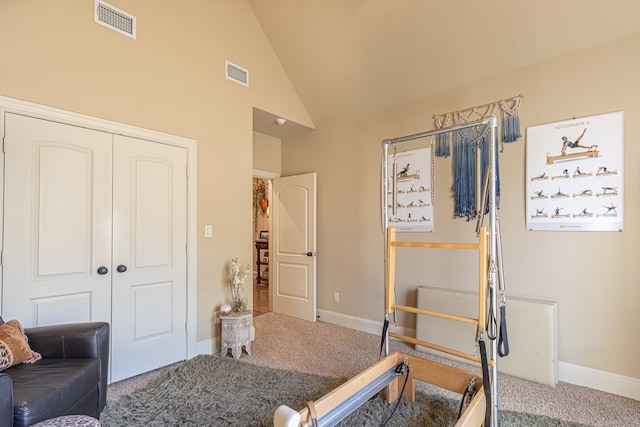 bedroom featuring carpet floors, high vaulted ceiling, and a closet