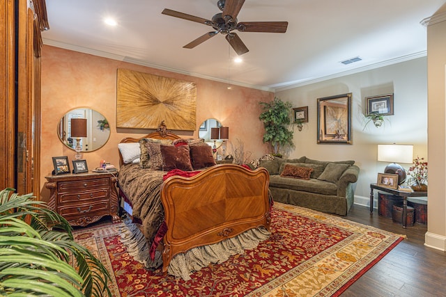 bedroom featuring ceiling fan, crown molding, and dark hardwood / wood-style floors