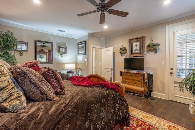 bedroom featuring access to exterior, ceiling fan, dark hardwood / wood-style flooring, and ornamental molding