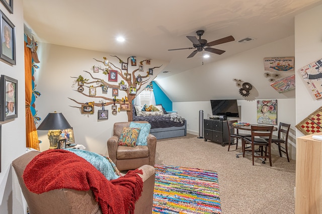 bedroom with carpet floors, ceiling fan, and lofted ceiling