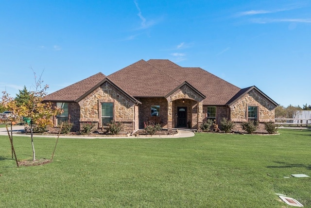 french country home featuring stone siding, a shingled roof, and a front yard