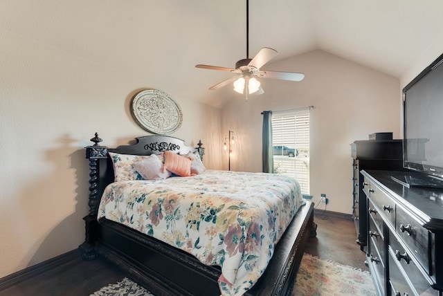 bedroom featuring a ceiling fan, lofted ceiling, and baseboards