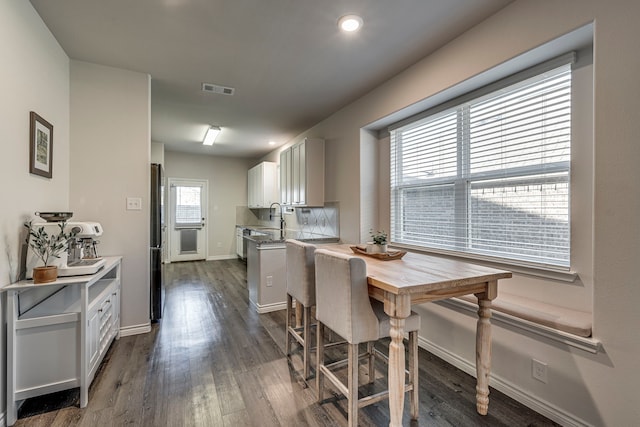 dining room featuring sink and dark wood-type flooring