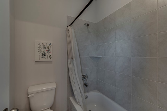 bathroom with toilet and shower / bathtub combination with curtain