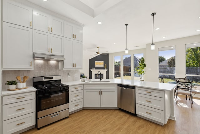 kitchen featuring white cabinetry, sink, hanging light fixtures, light wood-type flooring, and stainless steel appliances