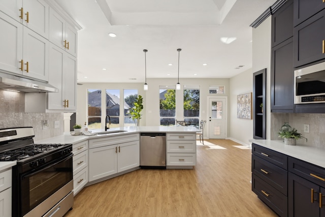 kitchen featuring decorative backsplash, white cabinetry, stainless steel appliances, and decorative light fixtures