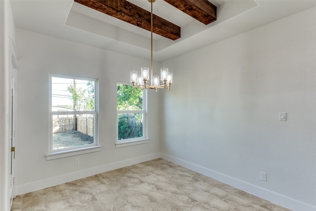 empty room with beam ceiling and a notable chandelier