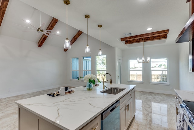 kitchen with sink, a kitchen island with sink, decorative light fixtures, stainless steel appliances, and light stone counters