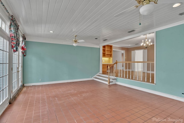 empty room featuring tile patterned floors, wooden ceiling, ceiling fan with notable chandelier, and ornamental molding