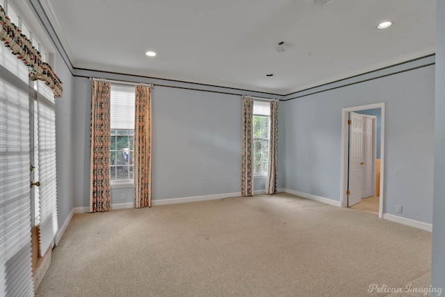 unfurnished room featuring crown molding, a healthy amount of sunlight, and light colored carpet