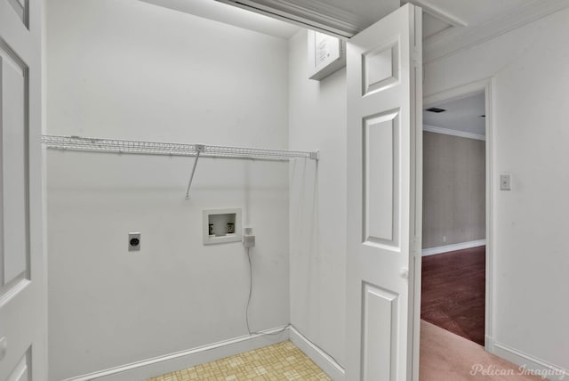 laundry room with hookup for a washing machine, ornamental molding, and hookup for an electric dryer