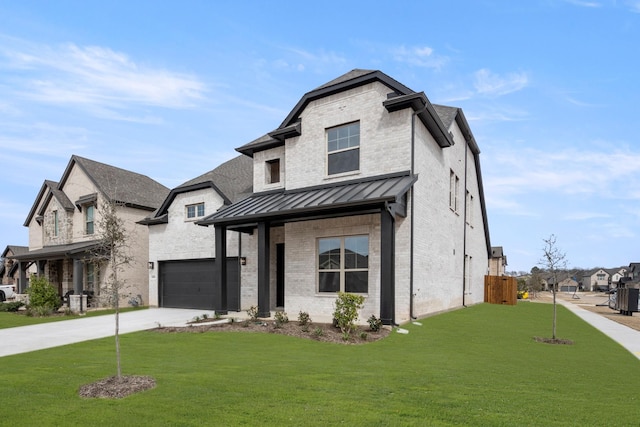 view of front facade with a front lawn, a standing seam roof, concrete driveway, a garage, and brick siding