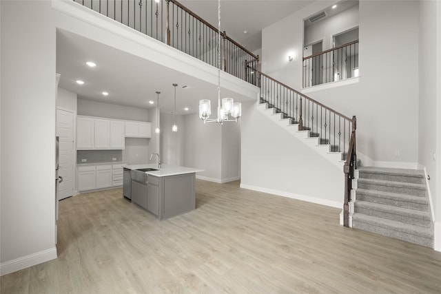 kitchen featuring light wood-type flooring, visible vents, a center island with sink, open floor plan, and white cabinets