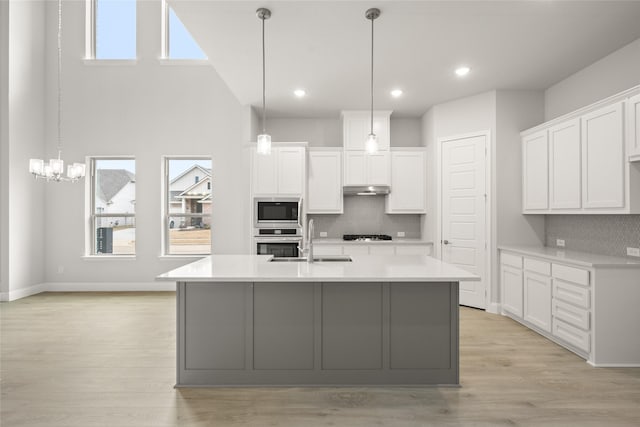 kitchen with oven, under cabinet range hood, a sink, light countertops, and built in microwave