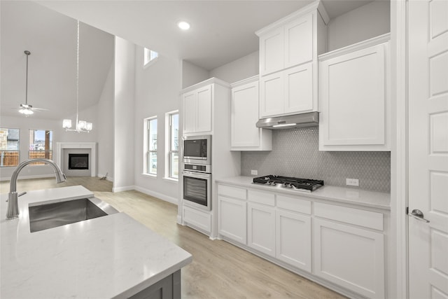 kitchen featuring under cabinet range hood, appliances with stainless steel finishes, a fireplace, white cabinets, and a sink