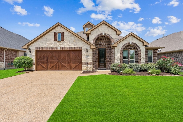 view of front facade with a front yard and a garage