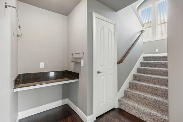 stairway with hardwood / wood-style floors