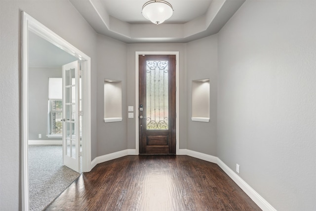 entrance foyer featuring a wealth of natural light, a raised ceiling, and dark hardwood / wood-style floors