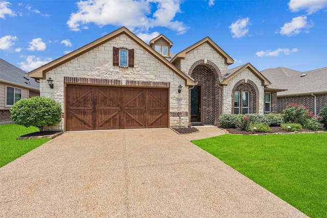 view of front of home with a front yard and a garage