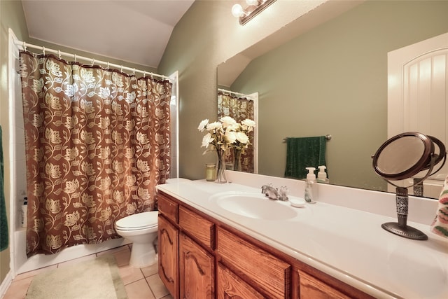 full bathroom with shower / tub combo, tile patterned floors, vanity, vaulted ceiling, and toilet