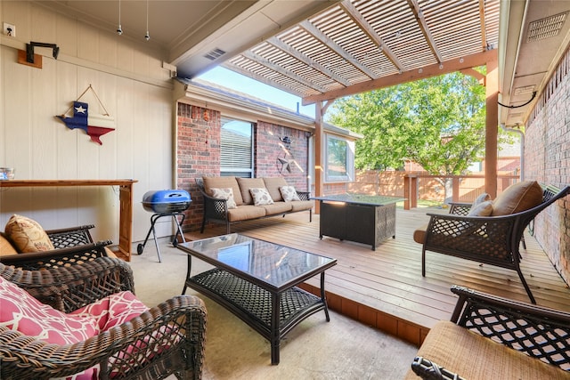 wooden terrace with an outdoor living space, area for grilling, and a pergola