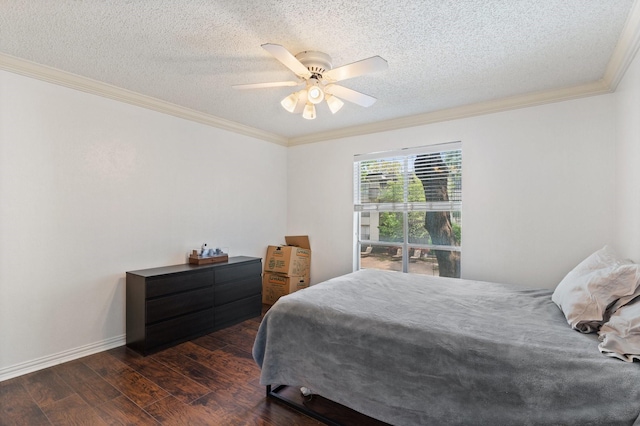 bedroom featuring a textured ceiling, ceiling fan, crown molding, and dark hardwood / wood-style floors