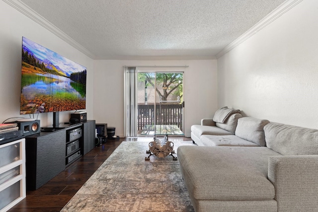 living room featuring crown molding, dark wood-type flooring, and a textured ceiling