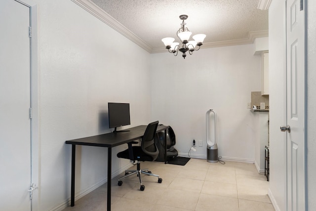 tiled home office featuring an inviting chandelier, a textured ceiling, and ornamental molding