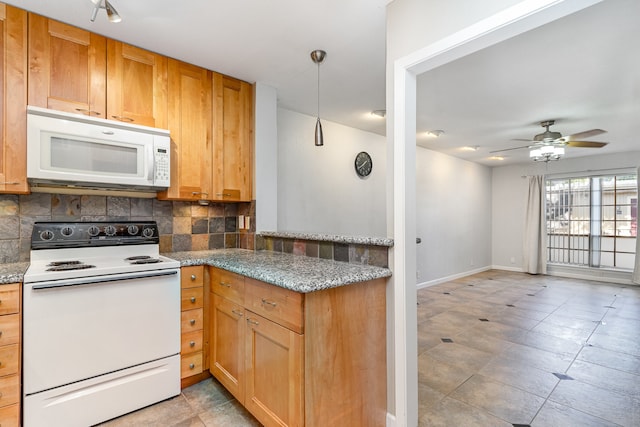 kitchen featuring white appliances, ceiling fan, backsplash, and light stone counters