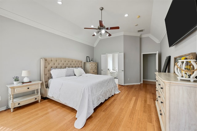 bedroom with ceiling fan, light hardwood / wood-style flooring, high vaulted ceiling, and crown molding