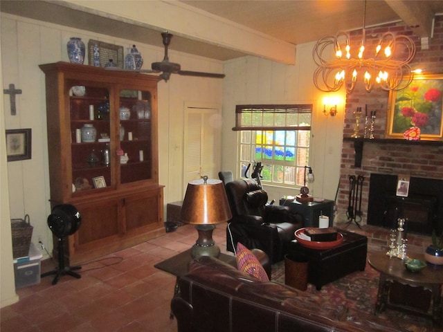 living room with beamed ceiling and a chandelier