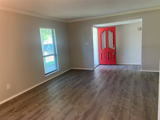 entryway with dark hardwood / wood-style floors and ornamental molding