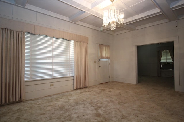 231 N 3rd Ave, Munday, TX 76371 - carpeted spare room featuring a chandelier, coffered ceiling, beamed ceiling, and cooling unit