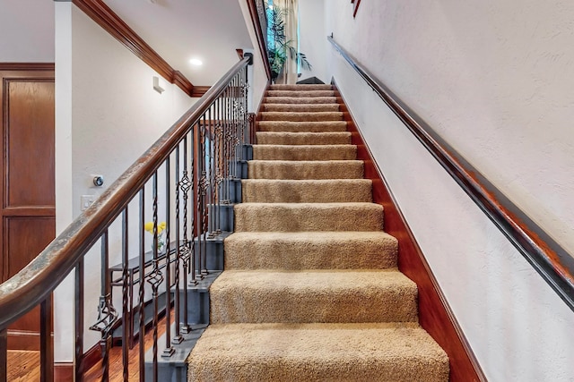 staircase featuring hardwood / wood-style floors and crown molding