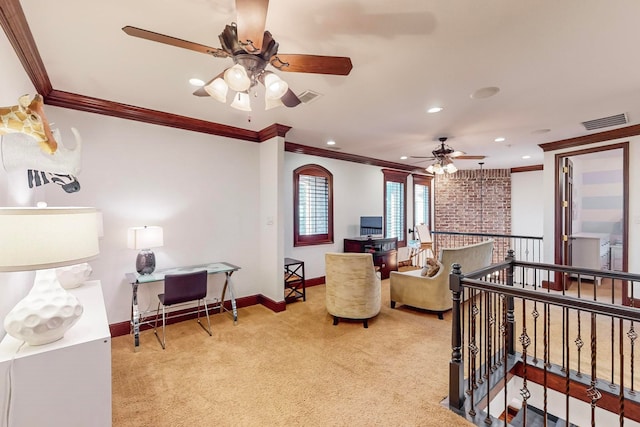 carpeted bedroom featuring crown molding