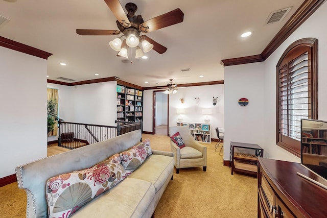 carpeted living room featuring ornamental molding