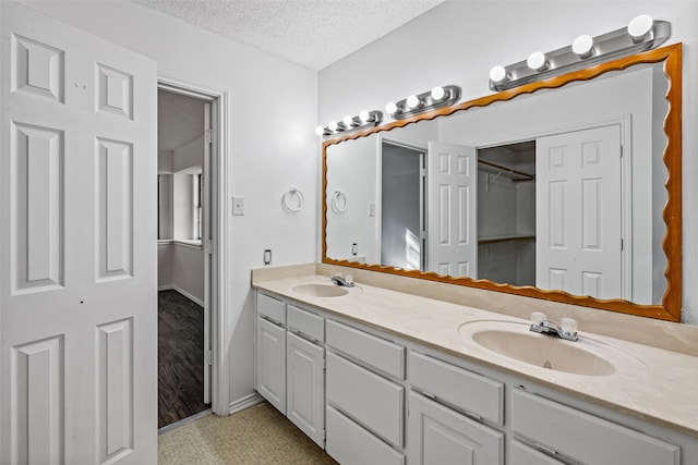 bathroom with vanity, wood-type flooring, and a textured ceiling