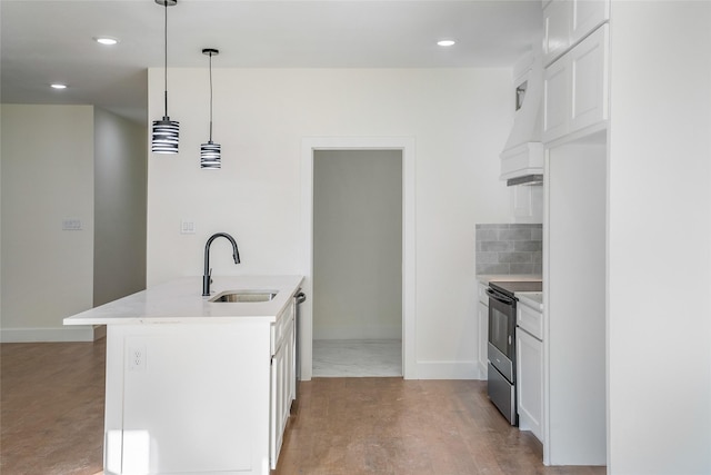 kitchen with black electric range oven, white cabinets, sink, hanging light fixtures, and decorative backsplash