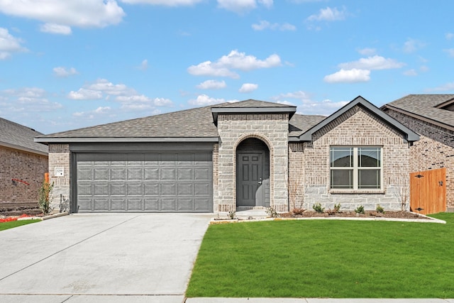 view of front of home with driveway, roof with shingles, an attached garage, a front yard, and brick siding