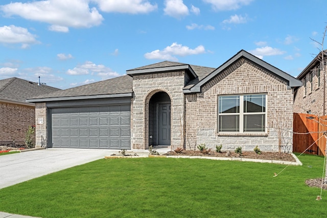 view of front of property featuring an attached garage, a shingled roof, concrete driveway, stone siding, and a front yard